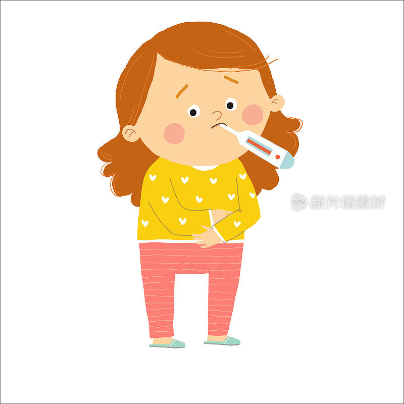 小女孩发烧了。卡通矢量手绘eps 10插图孤立在白色背景在一个平坦的风格。